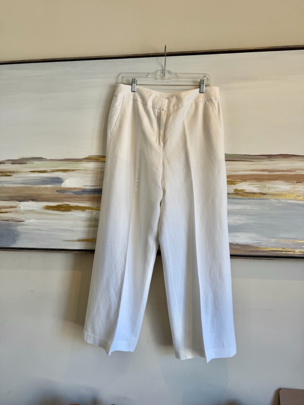 Loft Wide Leg Linen Blend White Pants, flat front, size 8